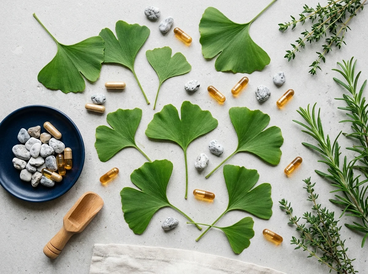 Naturliga ingredienser - ginkgo biloba blad, zinkmineral och gröna örter på ljus stenytan